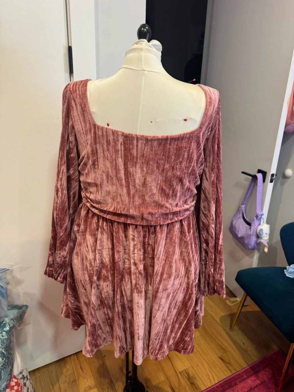 Velvet Square Neck Rhinestone Ruffle Mini Dress Curve & Plus - Picture 4 of 5